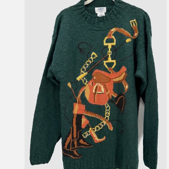 SPORTIFIC MILLER'S COLLECTION Hunter Green COTTON RAMIE EQUESTRIAN SWEATER S NWT - Picture 2 of 9